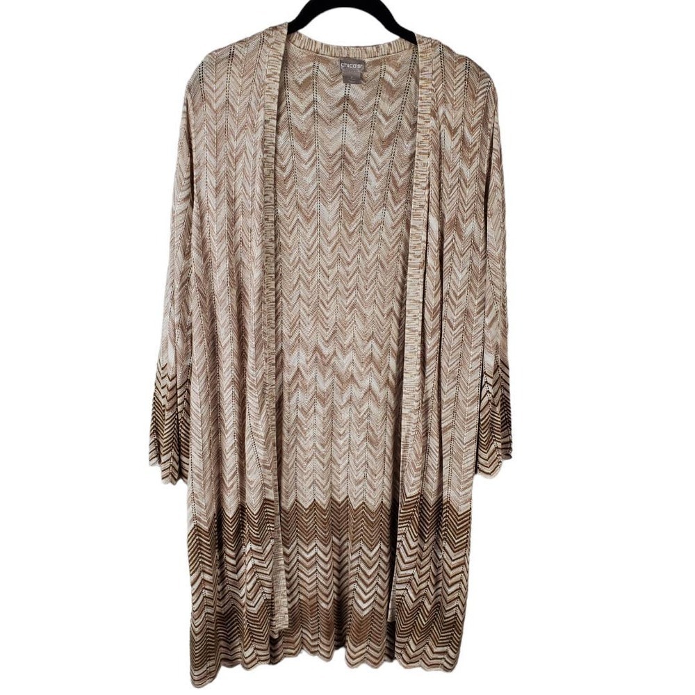 Chico's Women Chevron Knit Cardigan Open 3/4 Sleeves Casual Sweater New Size 2